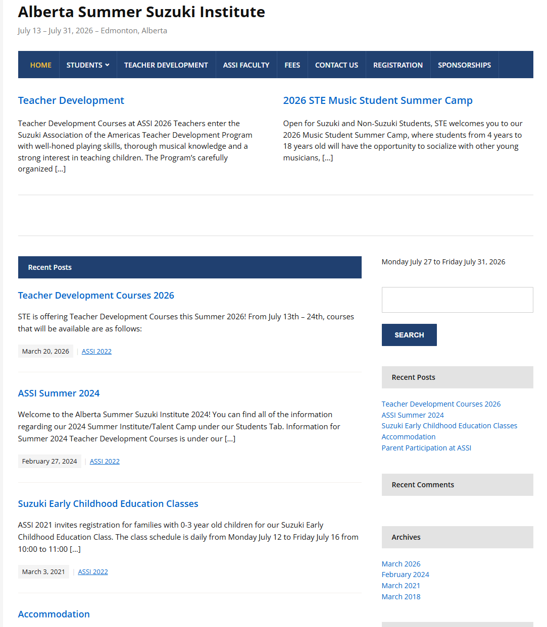 Alberta Summer Institute website screenshot